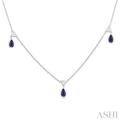 5x3 MM Pear Shape Sapphire and 1/4 Ctw Round Cut Diamonds Precious Station Necklace in 14K White Gold
