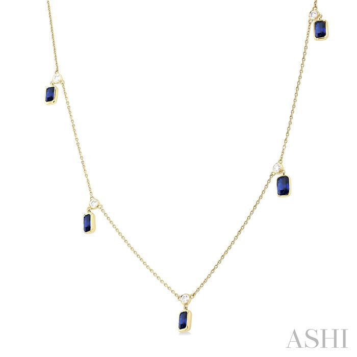 5x3 MM Octagonal Shape Sapphire and 1/4 Ctw Round Cut Diamonds Precious Station Necklace in 14K Yellow Gold