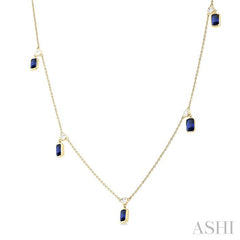 5x3 MM Octagonal Shape Sapphire and 1/4 Ctw Round Cut Diamonds Precious Station Necklace in 14K Yellow Gold