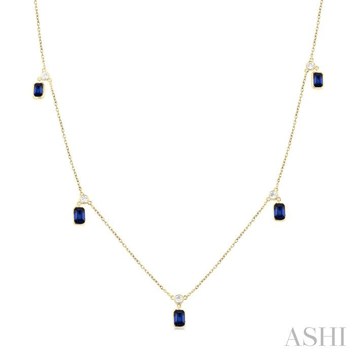 5x3 MM Octagonal Shape Sapphire and 1/4 Ctw Round Cut Diamonds Precious Station Necklace in 14K Yellow Gold