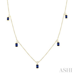 5x3 MM Octagonal Shape Sapphire and 1/4 Ctw Round Cut Diamonds Precious Station Necklace in 14K Yellow Gold