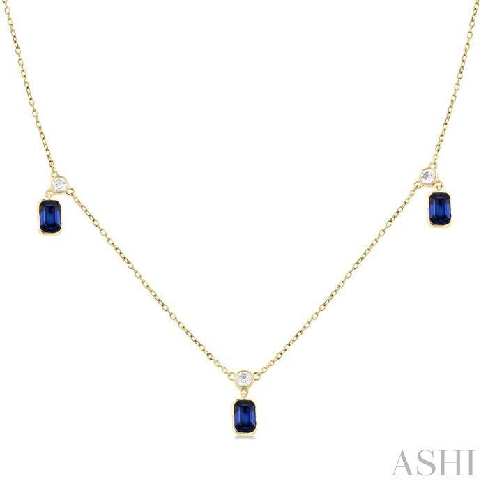 5x3 MM Octagonal Shape Sapphire and 1/4 Ctw Round Cut Diamonds Precious Station Necklace in 14K Yellow Gold