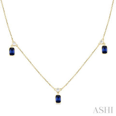 5x3 MM Octagonal Shape Sapphire and 1/4 Ctw Round Cut Diamonds Precious Station Necklace in 14K Yellow Gold