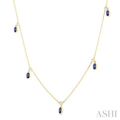 5x3 MM Oval Shape Sapphire and 1/4 Ctw Round Cut Diamonds Precious Station Necklace in 14K Yellow Gold