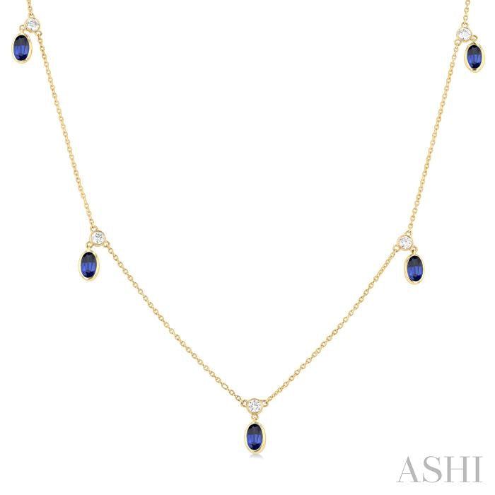 5x3 MM Oval Shape Sapphire and 1/4 Ctw Round Cut Diamonds Precious Station Necklace in 14K Yellow Gold