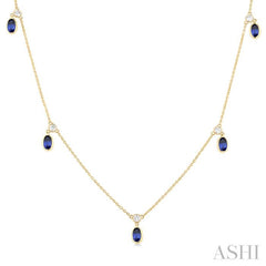 5x3 MM Oval Shape Sapphire and 1/4 Ctw Round Cut Diamonds Precious Station Necklace in 14K Yellow Gold