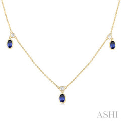 5x3 MM Oval Shape Sapphire and 1/4 Ctw Round Cut Diamonds Precious Station Necklace in 14K Yellow Gold