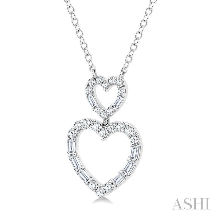 1/3 Ctw Twin Heart Fusion Baguette and Round Cut Diamond Pendant With Chain in 10K White Gold