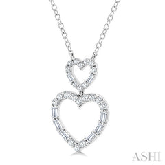 1/3 Ctw Twin Heart Fusion Baguette and Round Cut Diamond Pendant With Chain in 10K White Gold