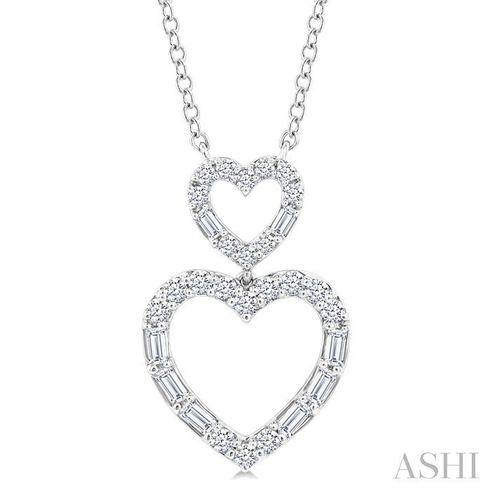 1/3 Ctw Twin Heart Fusion Baguette and Round Cut Diamond Pendant With Chain in 10K White Gold