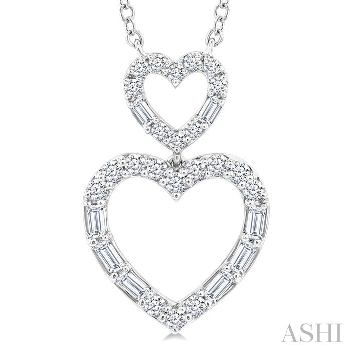 1/3 Ctw Twin Heart Fusion Baguette and Round Cut Diamond Pendant With Chain in 10K White Gold