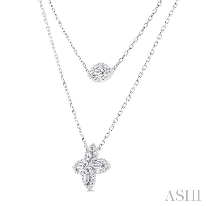1/2 Ctw Floral Baguette and Round Cut Diamond Layered Fashion Necklace in 14K White Gold