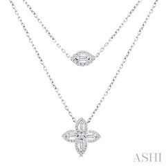 1/2 Ctw Floral Baguette and Round Cut Diamond Layered Fashion Necklace in 14K White Gold