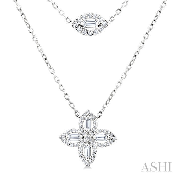 1/2 Ctw Floral Baguette and Round Cut Diamond Layered Fashion Necklace in 14K White Gold