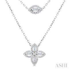 1/2 Ctw Floral Baguette and Round Cut Diamond Layered Fashion Necklace in 14K White Gold