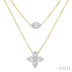 1/2 Ctw Floral Baguette and Round Cut Diamond Layered Fashion Necklace in 14K Yellow Gold