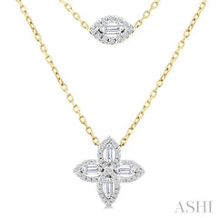 1/2 Ctw Floral Baguette and Round Cut Diamond Layered Fashion Necklace in 14K Yellow Gold