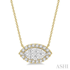 1 Ctw Marquise Shape Round Cut Diamond Lovebright Pendant With Chain in 14K Yellow & White Gold
