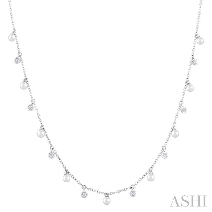 3 MM Round Shape Cultured Pearl and 1/6 Ctw Round Cut Diamond Station Necklace in 14K White Gold