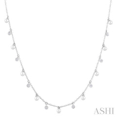 3 MM Round Shape Cultured Pearl and 1/6 Ctw Round Cut Diamond Station Necklace in 14K White Gold