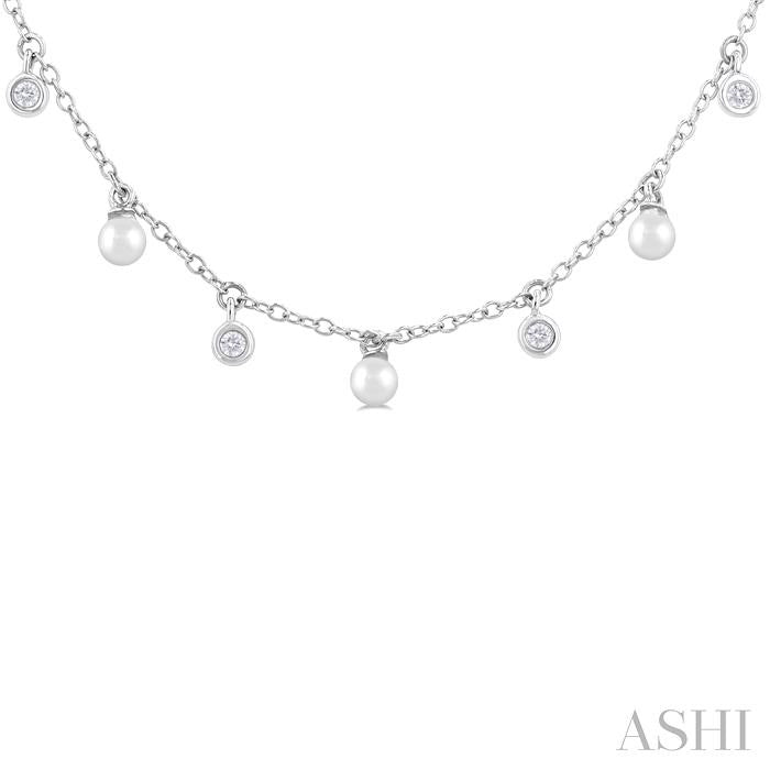 3 MM Round Shape Cultured Pearl and 1/6 Ctw Round Cut Diamond Station Necklace in 14K White Gold