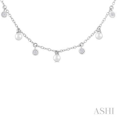 3 MM Round Shape Cultured Pearl and 1/6 Ctw Round Cut Diamond Station Necklace in 14K White Gold