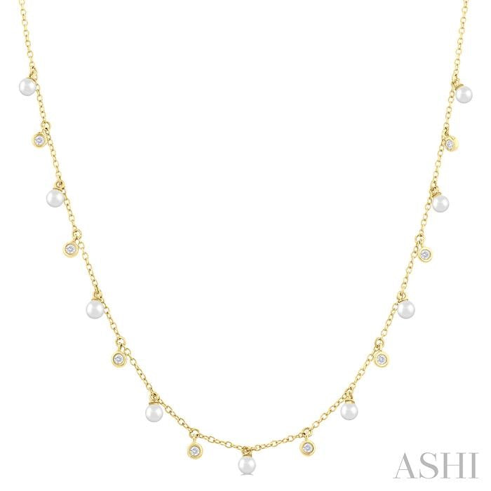 3 MM Round Shape Cultured Pearl and 1/6 Ctw Round Cut Diamond Station Necklace in 14K Yellow Gold
