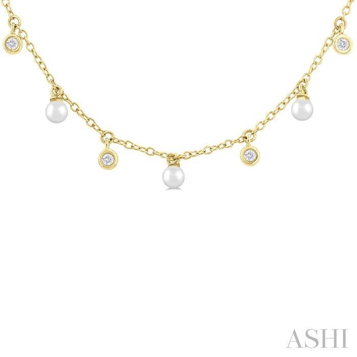 3 MM Round Shape Cultured Pearl and 1/6 Ctw Round Cut Diamond Station Necklace in 14K Yellow Gold