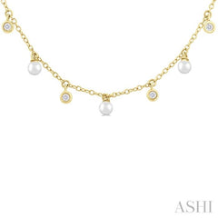 3 MM Round Shape Cultured Pearl and 1/6 Ctw Round Cut Diamond Station Necklace in 14K Yellow Gold