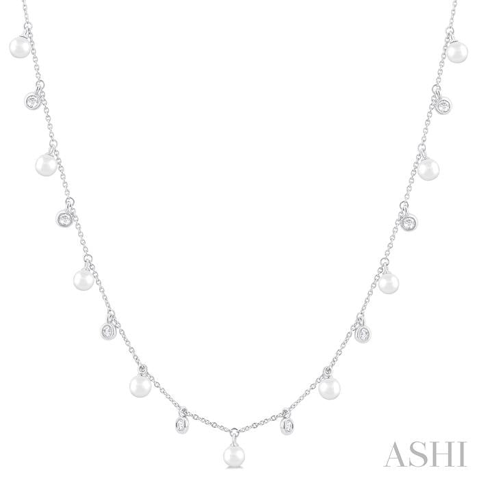 4 MM Round Shape Cultured Pearl and 1/4 Ctw Round Cut Diamond Station Necklace in 14K White Gold