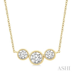 1 Ctw Past, Present & Future 3-Stone Bezel Set Round Cut Diamond Necklace in 14K Yellow Gold