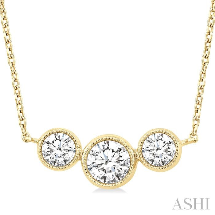 1 Ctw Past, Present & Future 3-Stone Bezel Set Round Cut Diamond Necklace in 14K Yellow Gold