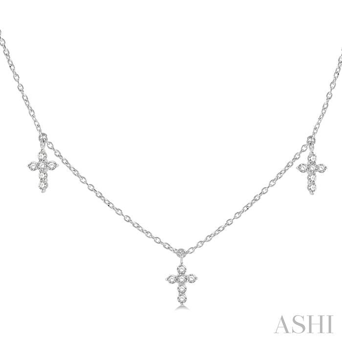1/3 Ctw Cross Charm Round Cut Diamond Station Necklace in 14K White Gold