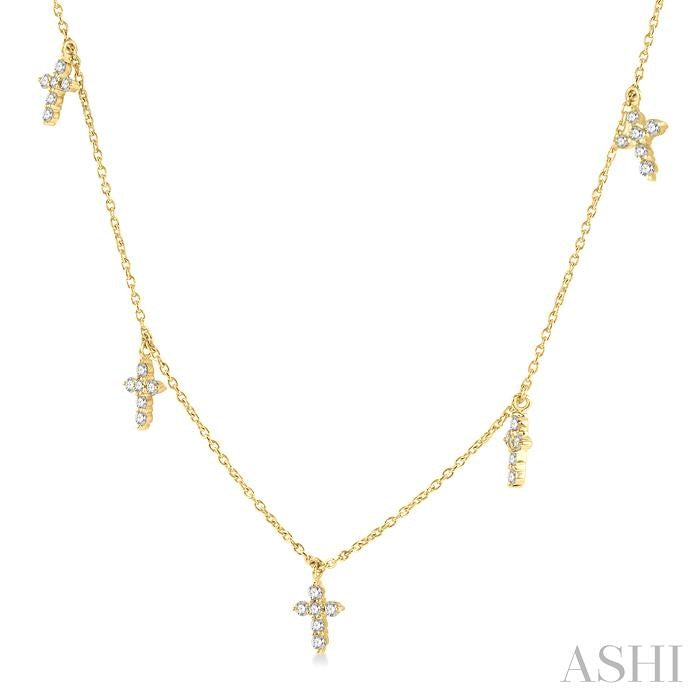 1/3 Ctw Cross Charm Round Cut Diamond Station Necklace in 14K Yellow Gold