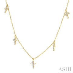 1/3 Ctw Cross Charm Round Cut Diamond Station Necklace in 14K Yellow Gold