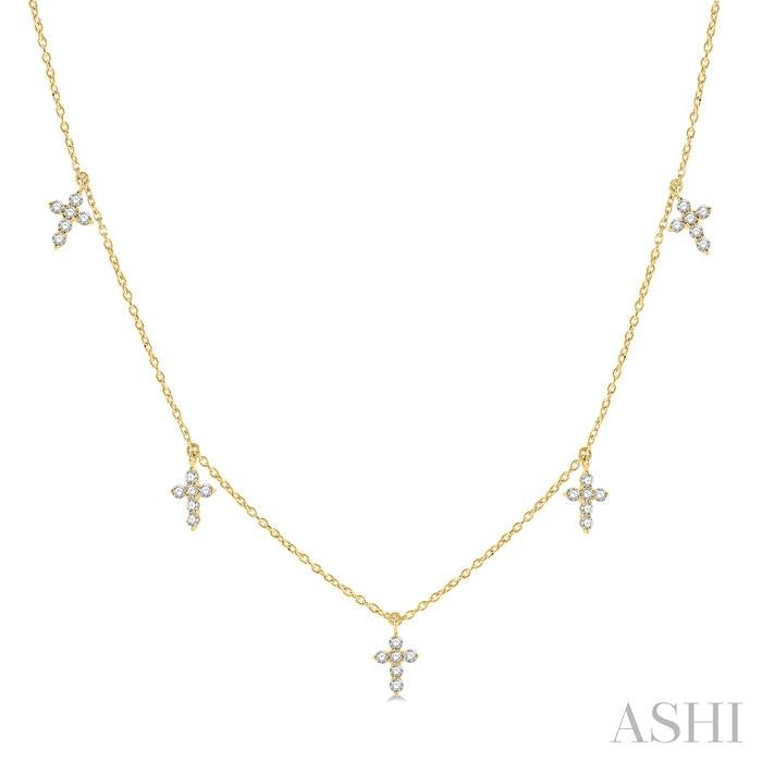 1/3 Ctw Cross Charm Round Cut Diamond Station Necklace in 14K Yellow Gold