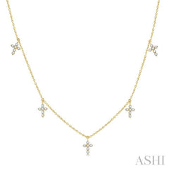 1/3 Ctw Cross Charm Round Cut Diamond Station Necklace in 14K Yellow Gold