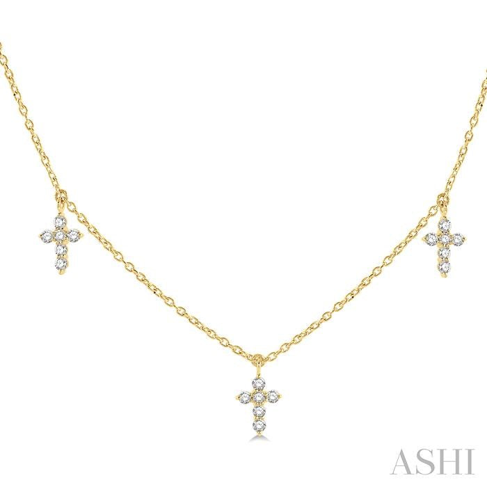 1/3 Ctw Cross Charm Round Cut Diamond Station Necklace in 14K Yellow Gold