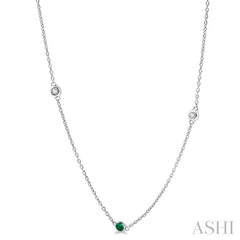 1.75 MM Emerald and 1/6 Ctw Round Cut Diamond Precious Station Necklace in 14K White Gold