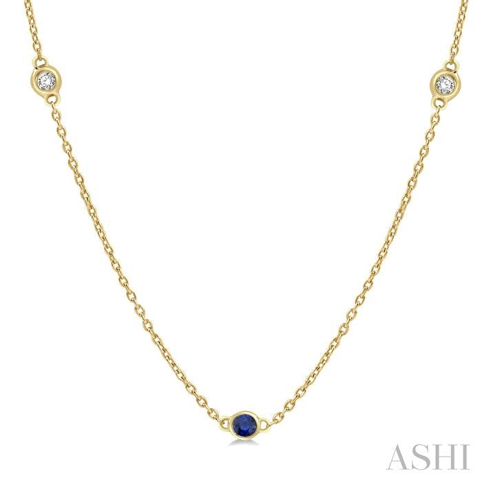 1.75 MM Sapphire and 1/6 Ctw Round Cut Diamond Precious Station Necklace in 14K Yellow Gold