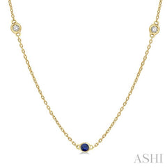 1.75 MM Sapphire and 1/6 Ctw Round Cut Diamond Precious Station Necklace in 14K Yellow Gold