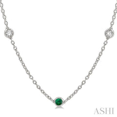 2.85 MM Emerald and 1/2 Ctw Round Cut Diamond Precious Station Necklace in 14K White Gold