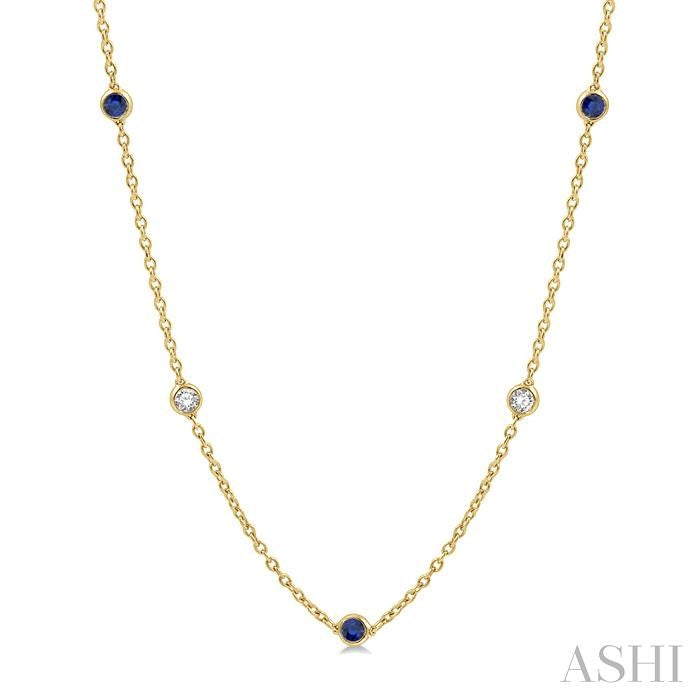 2.85 MM Sapphire and 1/2 Ctw Round Cut Diamond Precious Station Necklace in 14K Yellow Gold