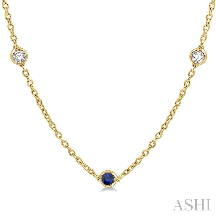 2.85 MM Sapphire and 1/2 Ctw Round Cut Diamond Precious Station Necklace in 14K Yellow Gold
