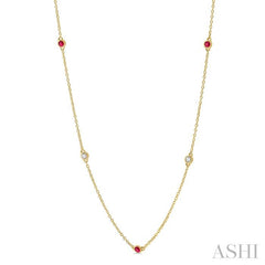 2.6 MM Ruby and 3/8 Ctw Round Cut Diamond Precious Station Necklace in 14K Yellow Gold