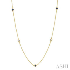 2.6 MM Sapphire and 3/8 Ctw Round Cut Diamond Precious Station Necklace in 14K Yellow Gold