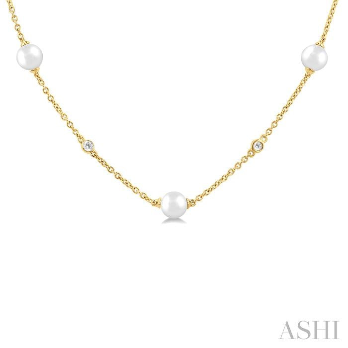 4 MM Round Shape Cultured Pearl and 1/6 Ctw Round Cut Diamond Station Necklace in 14K Yellow Gold