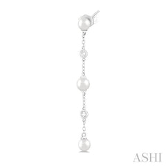4 MM Round Shape Cultured Pearl and 1/20 Ctw Round Cut Diamond Station Long Earring in 14K White Gold
