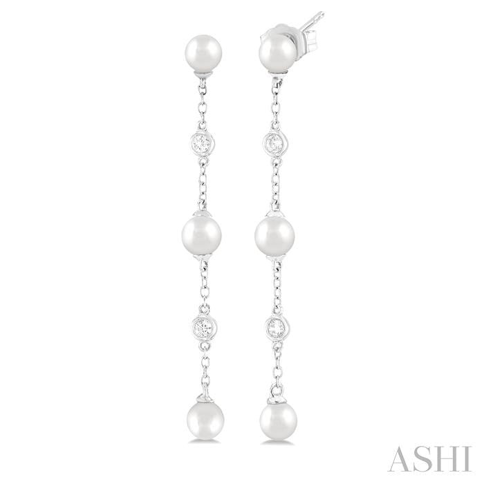4 MM Round Shape Cultured Pearl and 1/20 Ctw Round Cut Diamond Station Long Earring in 14K White Gold
