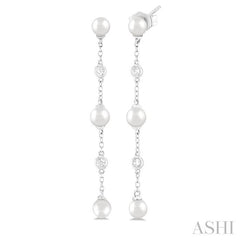 4 MM Round Shape Cultured Pearl and 1/20 Ctw Round Cut Diamond Station Long Earring in 14K White Gold
